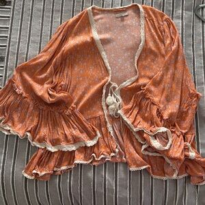 Orange Floral Kimono with Lace Trim
